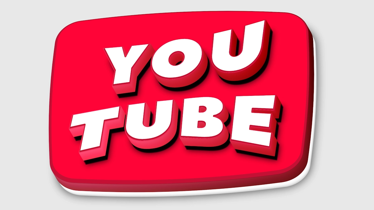 红色标签上的白色3D文字，YouTube按钮风格