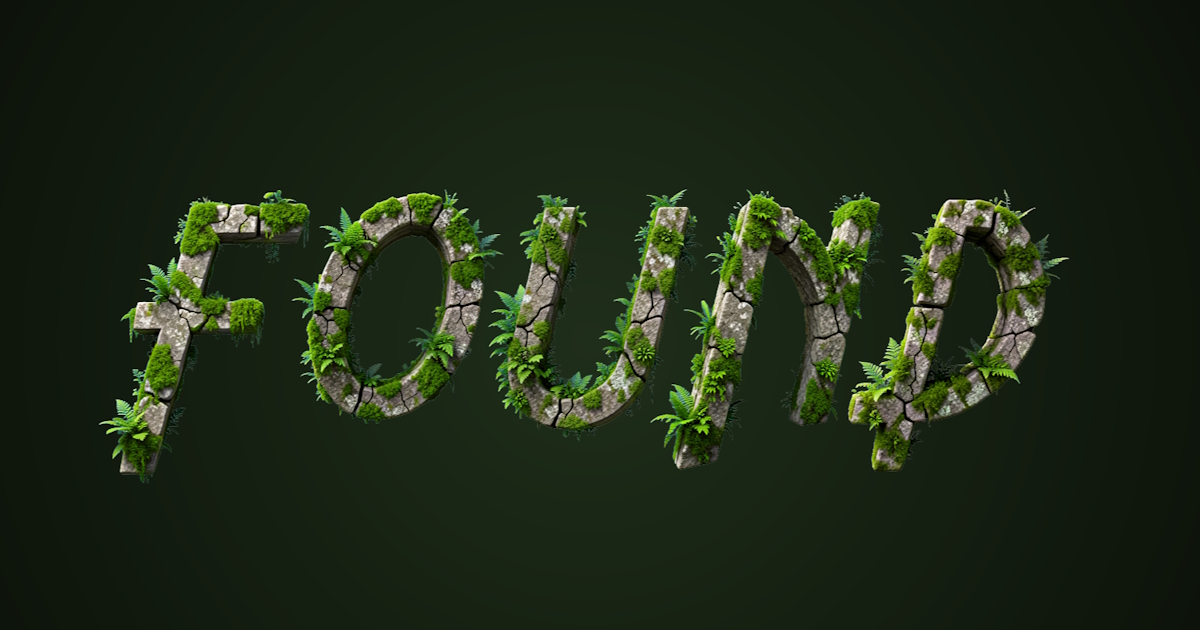 覆盖苔藓的石头文字：3D字体生成示例，包含苔藓和蕨类植物